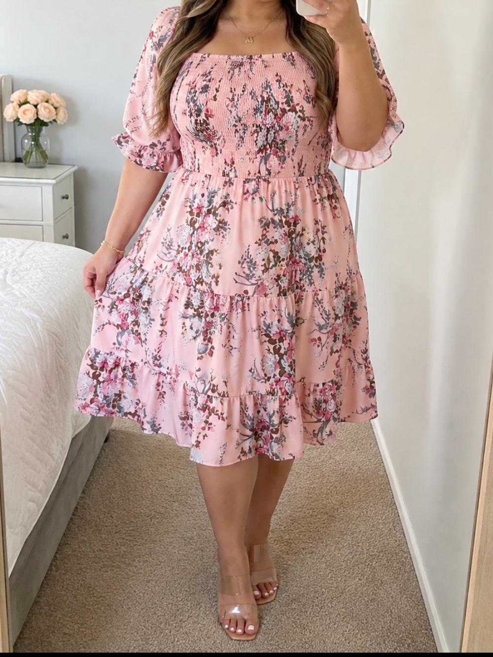 Plus Floral Smocked Square-Neck Midi Dress in Soft Pink